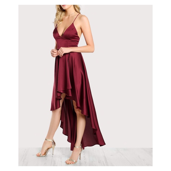Burgundy Lace Up Back High Low Satin Maxi Dress - Picture 2 of 8